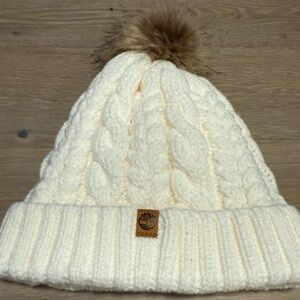Timberland Ivory Knit Beanie with Faux Fur Pom